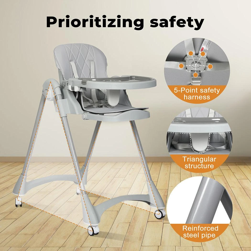 Baby High Chair Folding Double Trays Adjustable Height Wheel Eating 8 Baby High Chair Folding Double Trays Adjustable Height Wheel Eating - Image 6