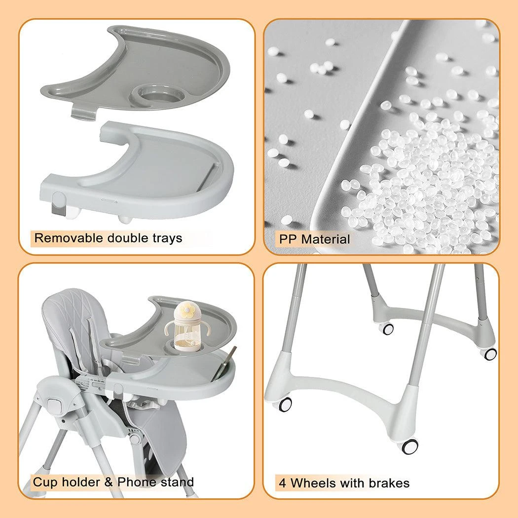 Baby High Chair Folding Double Trays Adjustable Height Wheel Eating 19 Baby High Chair Folding Double Trays Adjustable Height Wheel Eating - Image 17