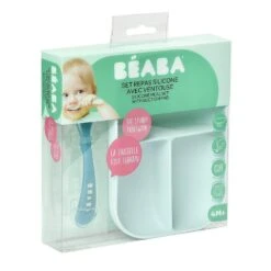 Beaba Silicone Suction Divided Plate & Spoon - Blue -Baby Products Shop beaba silicone suction divided plate and spoon blue lupipop 3
