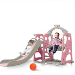 Kids Slide Swing Basketball Ring Play Set - Pink
