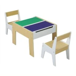 Kids Wooden Table & Chair Set 3-Piece With Building Blocks
